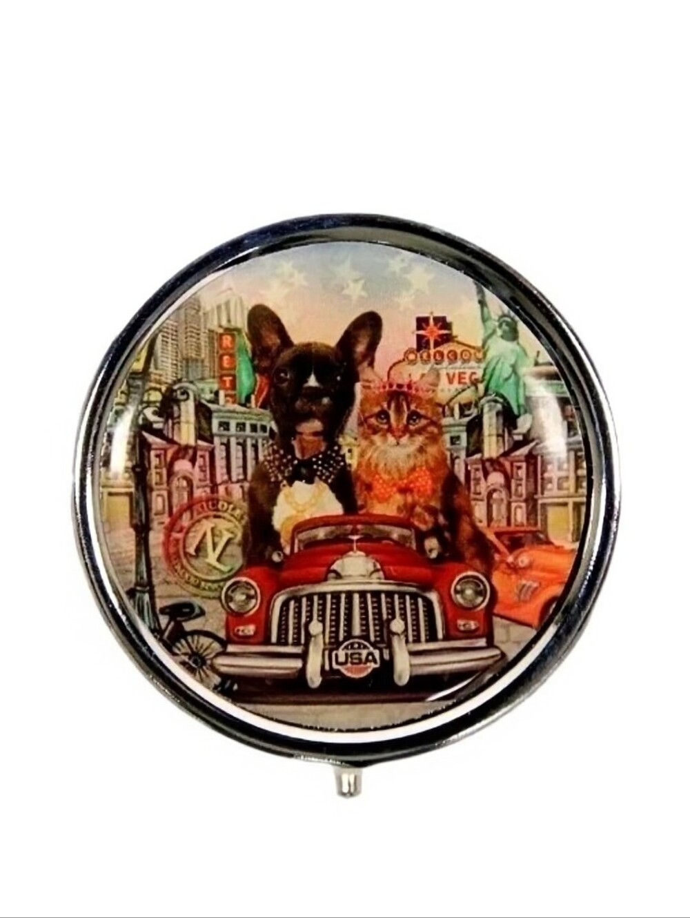 Nicole Lee City Drive Round Metal Pill Box Case Organizer Dog & Cat Graphic